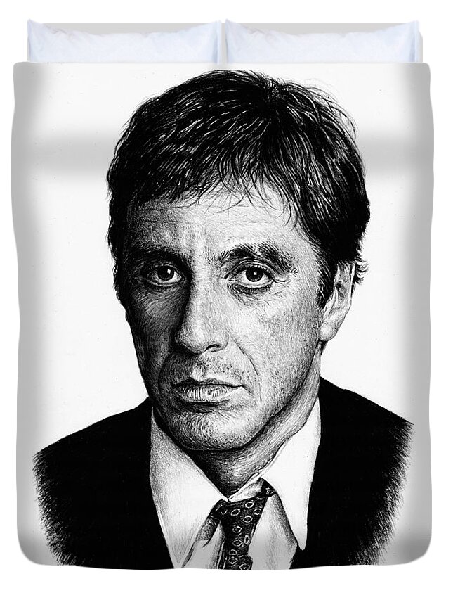 Al Pacino Duvet Cover featuring the drawing Pacino Scarface by Andrew Read
