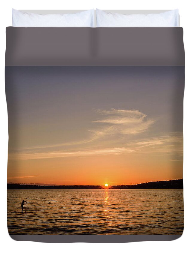 Paddler; Paddling;sunset;lake Duvet Cover featuring the digital art Paddler by Michael Lee