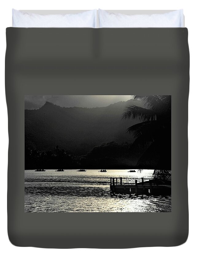 Black And White Landscapes Duvet Cover featuring the photograph Paddlers on River of Light by Heidi Fickinger