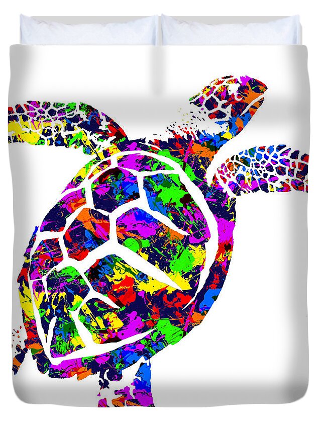 Sea Turtle Duvet Cover featuring the digital art Paint Splatter Sea Turtle by Gregory Murray