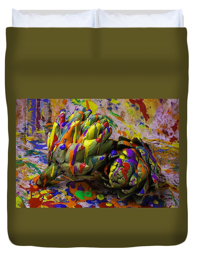  Artichokes Duvet Cover featuring the photograph Painted Artichokes by Garry Gay