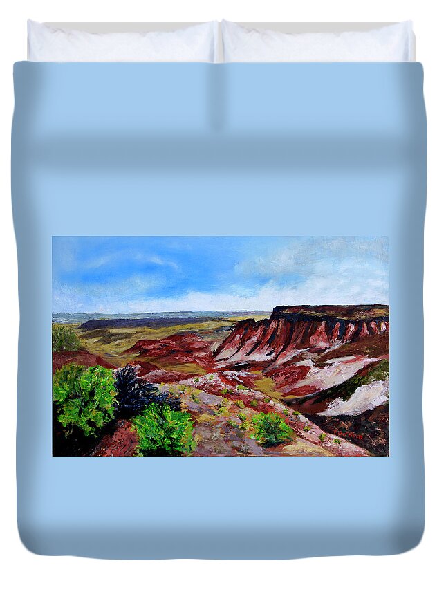 Landscape Mountains Desert Nature Arizona Bright Colors Duvet Cover featuring the painting Painted Desert Arizona by Florine Duffield