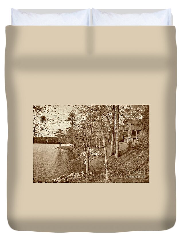 Scenic Duvet Cover featuring the photograph Painted Shore Camps In Sepia by Skip Willits