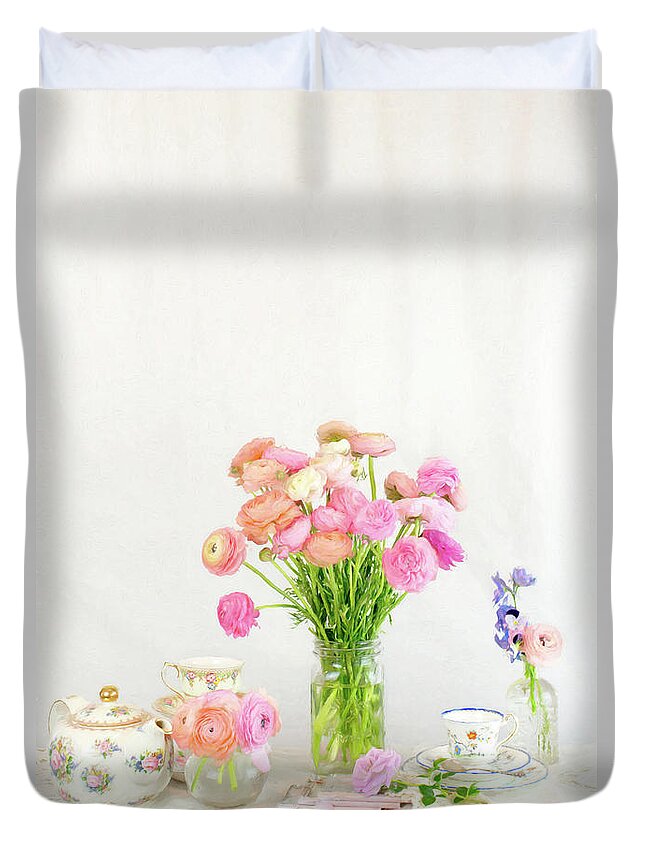 Ranunculus Duvet Cover featuring the photograph Painterly Ranunculus Tea Time by Susan Gary