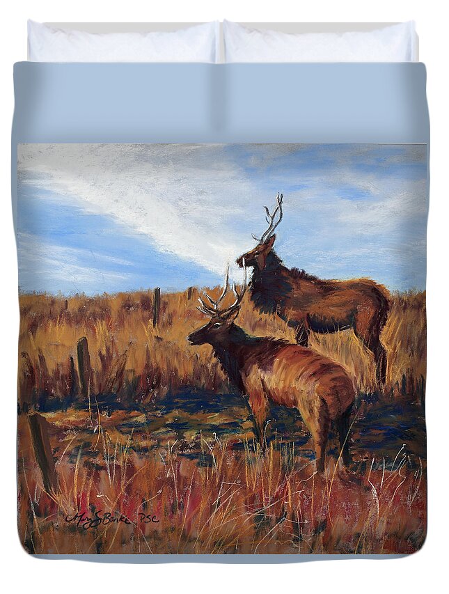 Elk Duvet Cover featuring the painting Pair o' Bulls by Mary Benke