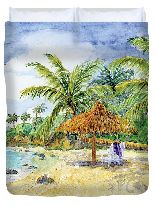 Palappa Duvet Cover featuring the painting Palappa n Adirondack Chairs on a Caribbean Beach by Audrey Jeanne Roberts