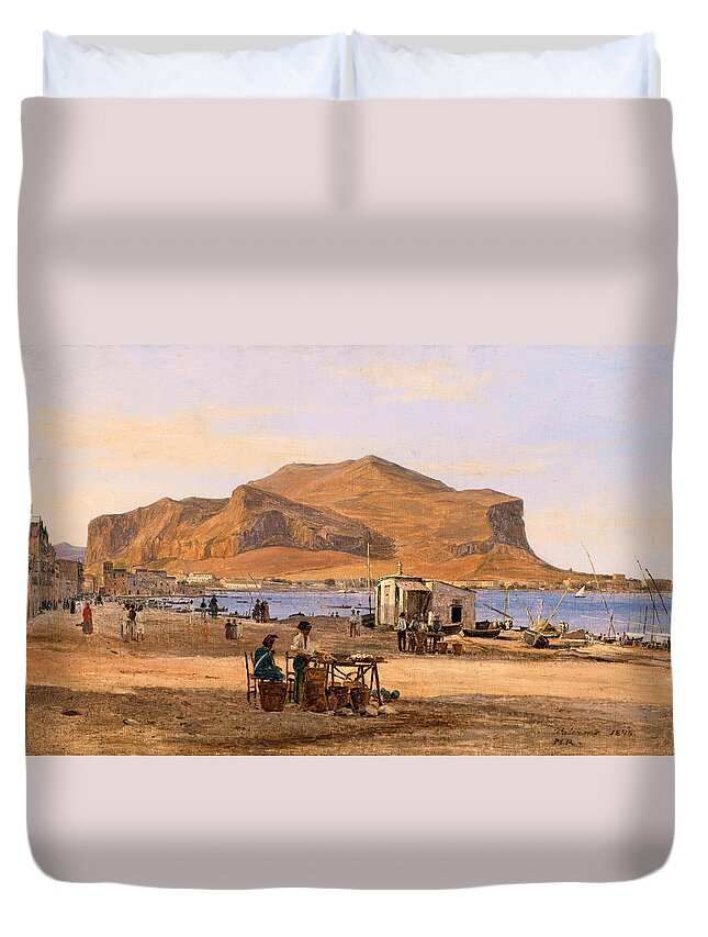 Martinus Rorbye Duvet Cover featuring the painting Palermo Harbor with a View of Monte Pellegrino by Martinus Rorbye