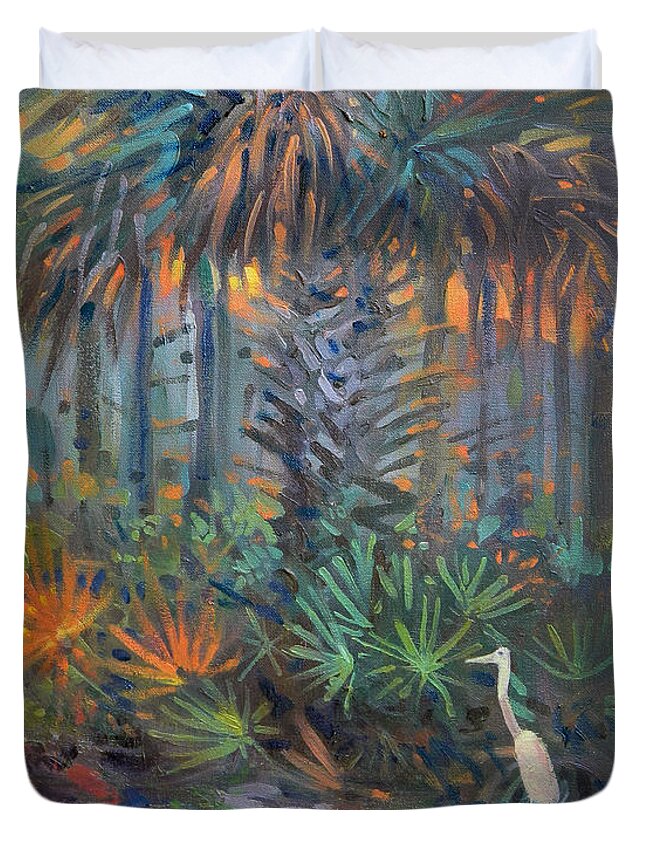 Egret Duvet Cover featuring the painting Palm and Egret by Donald Maier