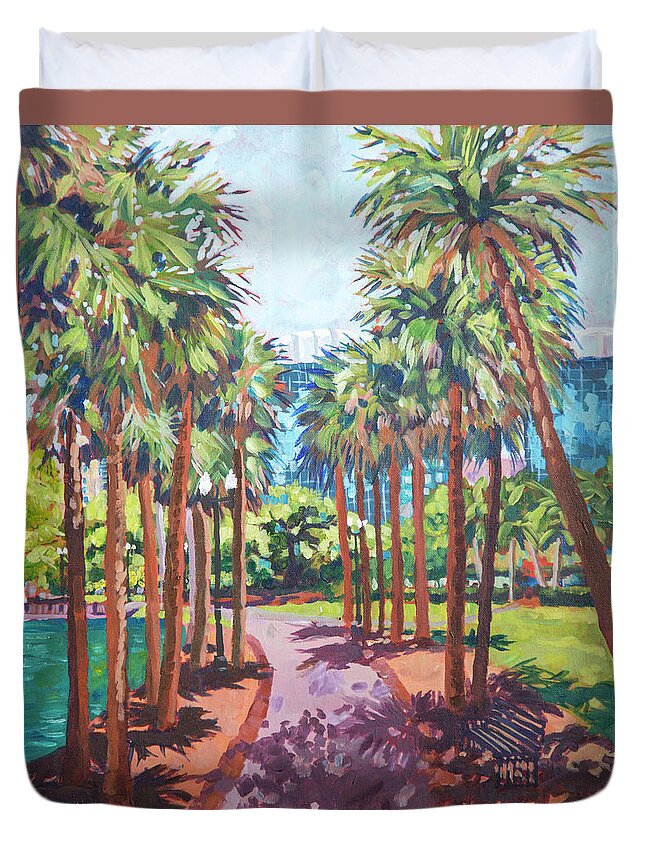 Landscape Duvet Cover featuring the painting Palm Pathway by Heather Nagy