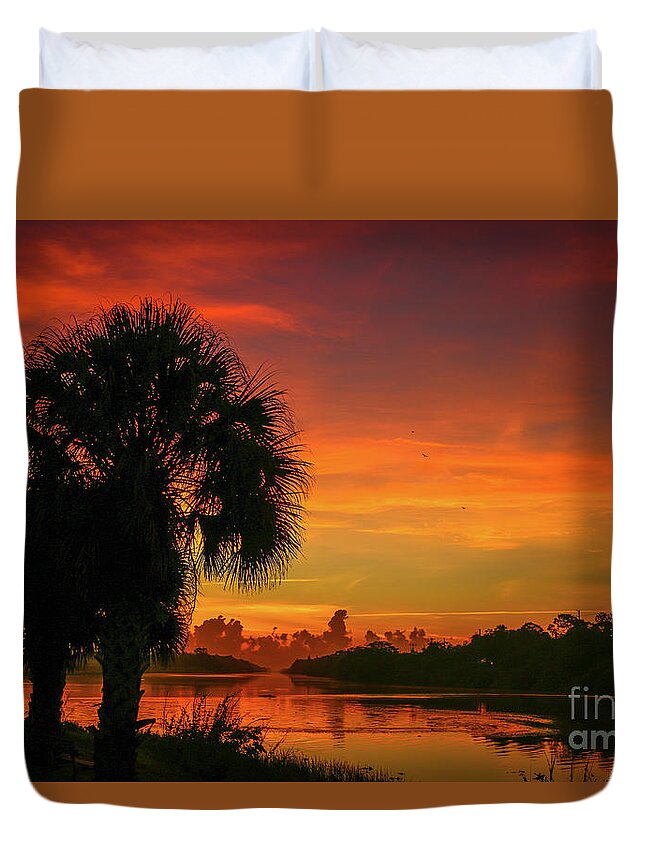 Palm Duvet Cover featuring the photograph Palm Silhouette Sunrise by Tom Claud