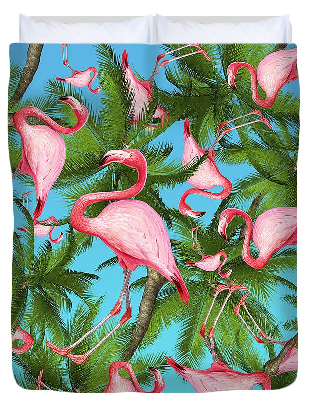  Summer Duvet Cover featuring the digital art Palm tree and flamingos by Mark Ashkenazi