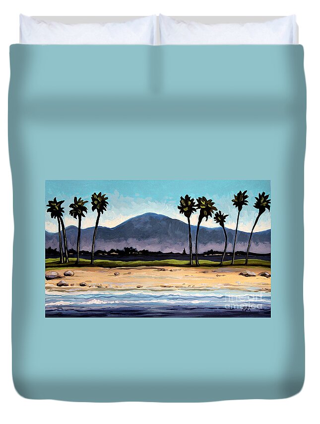 Beach Duvet Cover featuring the painting Palm Tree Oasis by Elizabeth Robinette Tyndall
