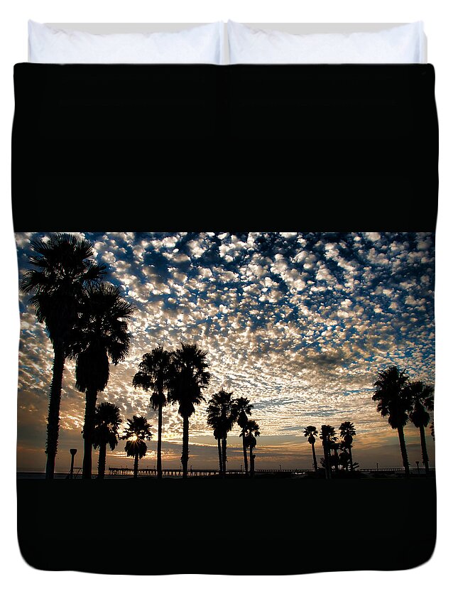 Beach Shadow Sunset Pier Clounds Duvet Cover featuring the photograph Palm tree silhouette by Wendell Ward