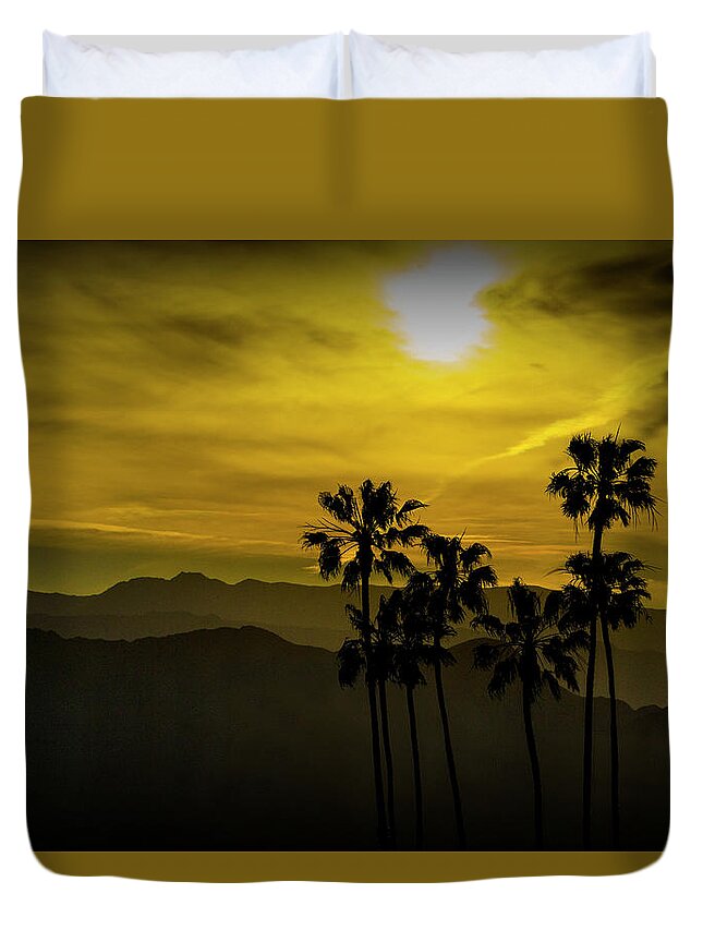 Tree Duvet Cover featuring the photograph Palm Trees at Sunset with Mountains in California by Randall Nyhof
