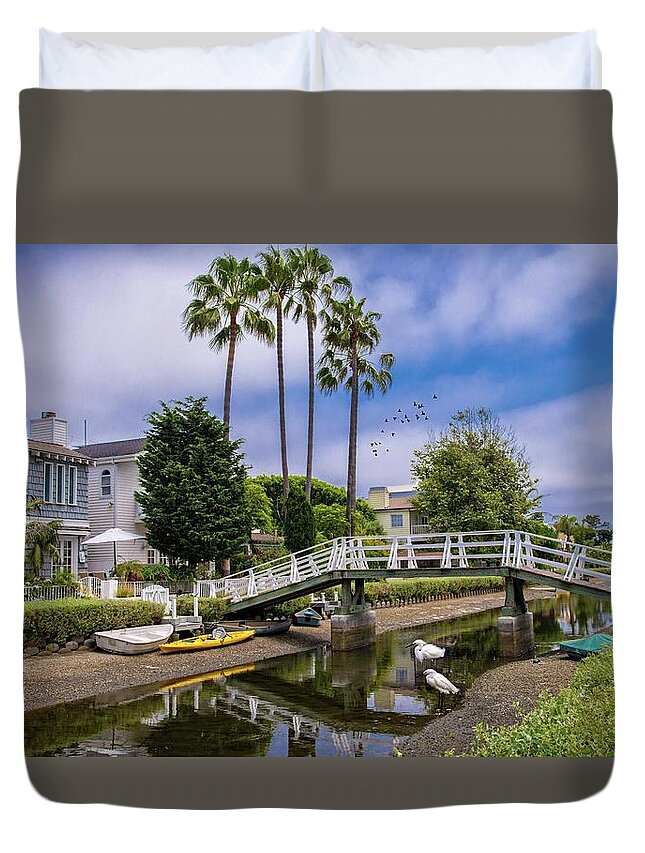 Venice Duvet Cover featuring the photograph Palms and Egrets at the Venice Canals by Lynn Bauer