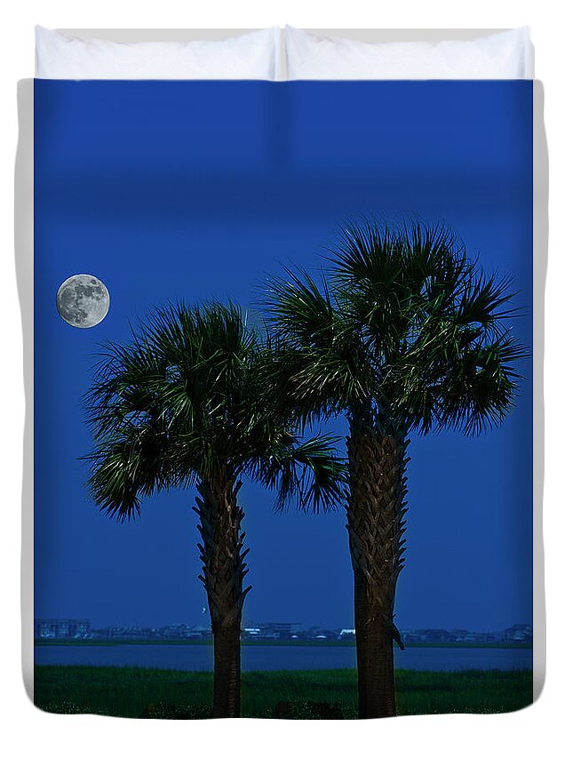 Palms Duvet Cover featuring the photograph Palms and Moon at Morse Park by Bill Barber