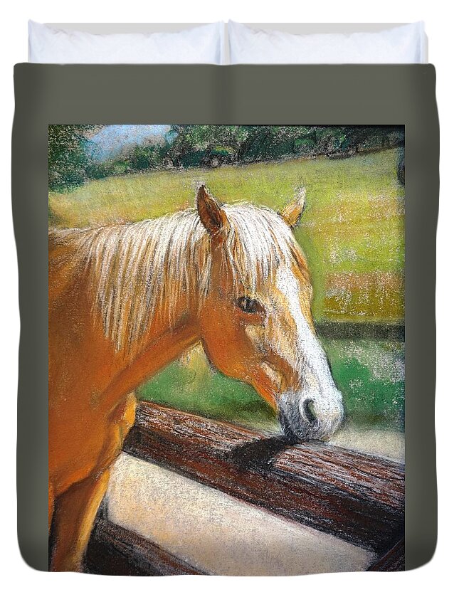 Horse Duvet Cover featuring the pastel Palomino Horse Portrait by Sue Halstenberg