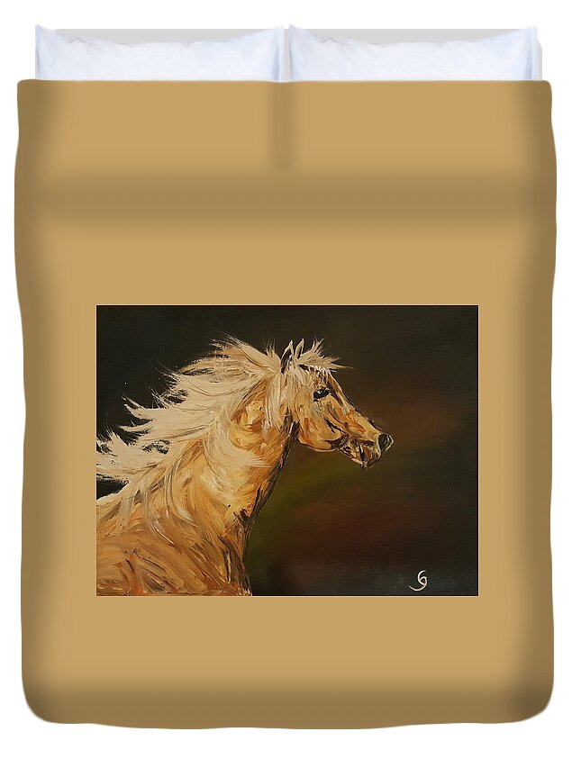 Horse Duvet Cover featuring the painting Palomino Running Wild           85 by Cheryl Nancy Ann Gordon