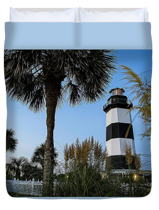 Carolina Duvet Cover featuring the photograph Pampas Grass, Palms and Lighthouse by David Smith