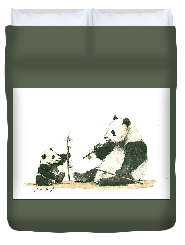Panda Duvet Cover featuring the painting Panda family eating bamboo by Juan Bosco