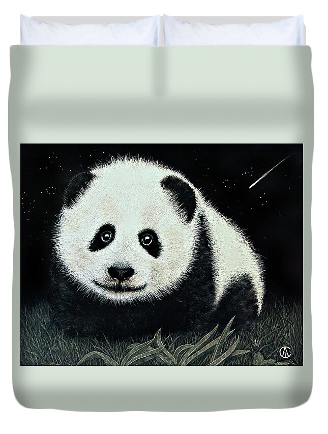 Panda Duvet Cover featuring the painting Panda Shooting Star by Angie Cockle