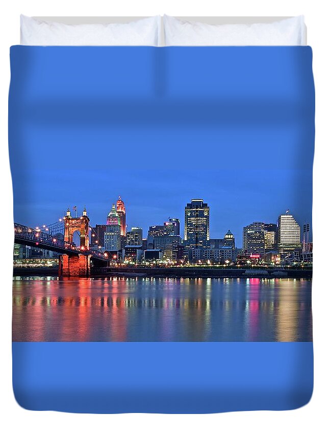 Cincinnati Duvet Cover featuring the photograph Pano at Blue Hour in Cinci by Frozen in Time Fine Art Photography