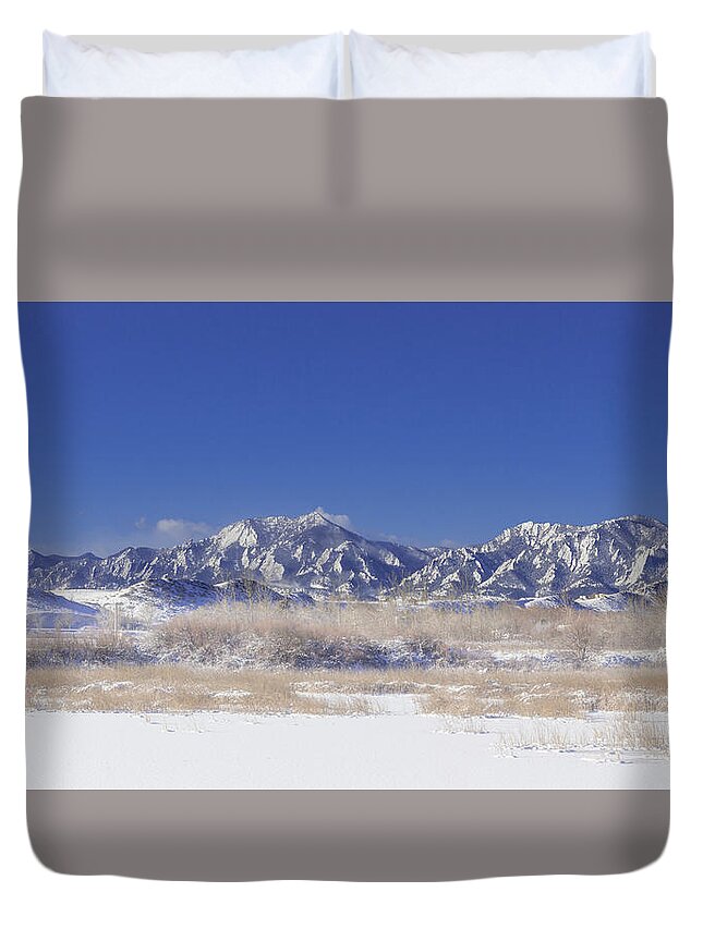 Alluring Images Colorado Duvet Cover featuring the photograph Panorama Radiation Fog Flatirons by Bridget Calip