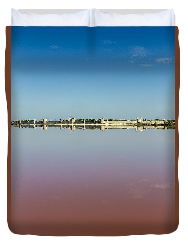 Panoramic Duvet Cover featuring the photograph Panoramic view of Aigues-Mortes from salt flats - Camargue - France by Pier Giorgio Mariani