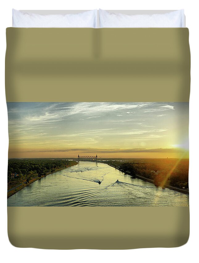 Cape Cod Canal Duvet Cover featuring the photograph Panoramic view of sunset over Cape Cod canal and bridge by Lilia S