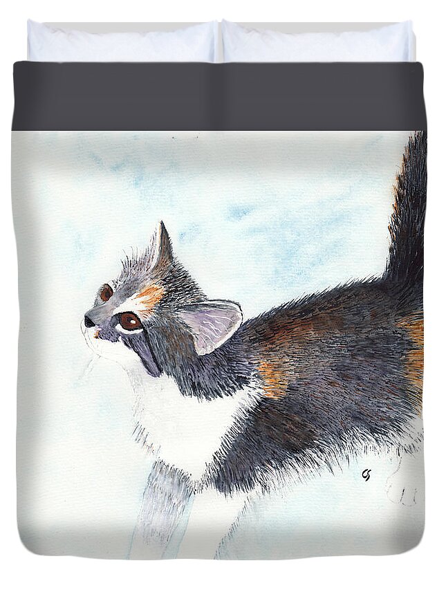 Cat Duvet Cover featuring the painting Calico Barn Cat Watercolor by Conni Schaftenaar