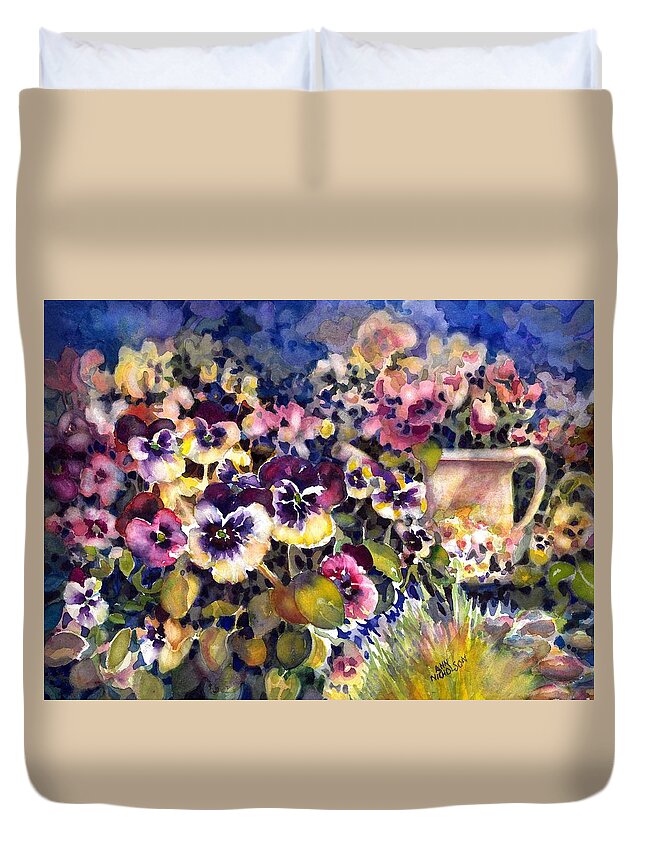Watercolor Duvet Cover featuring the painting Pansy Garden by Ann Nicholson