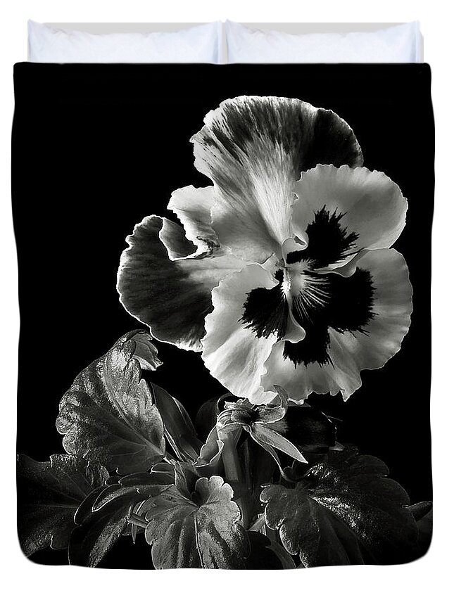 Flower Duvet Cover featuring the photograph Pansy in Black and White by Endre Balogh