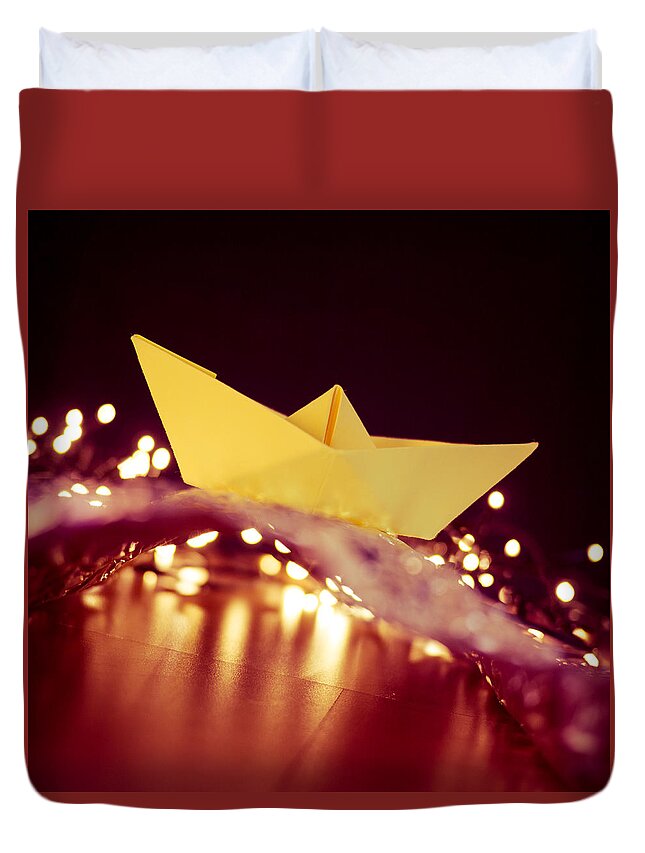Paperboat Lights Wave Duvet Cover featuring the photograph Paper Boat Lightwave by Janine Pauke