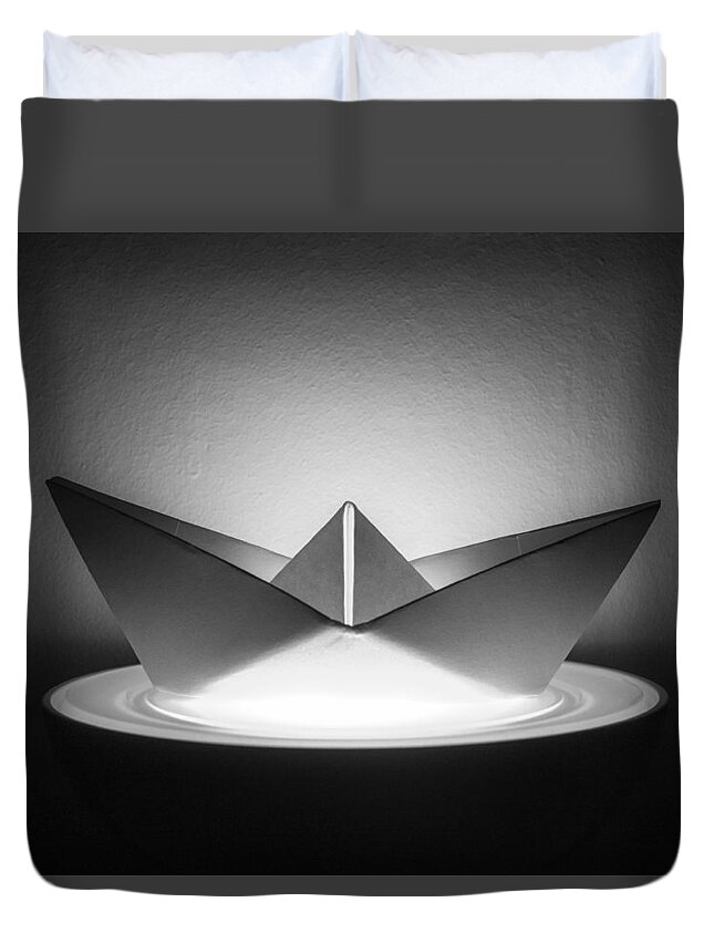 Paperboat Lamp Monochrome Blackandwhite Duvet Cover featuring the photograph Paper Boat on Lamp by Janine Pauke