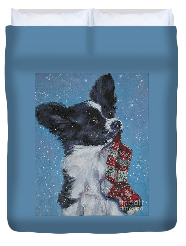 Papillon Duvet Cover featuring the painting Papillon puppy with xmas stocking by Lee Ann Shepard