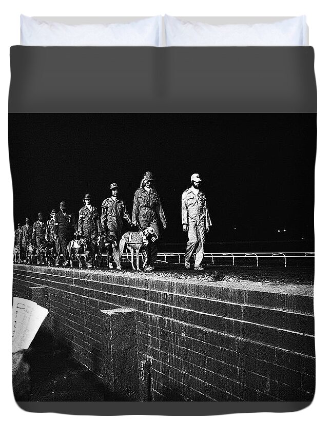 Parade Of The Greyhounds Greyhound Park Tucson Arizona 1981 Duvet Cover featuring the photograph Parade of the greyhounds Greyhound Park Tucson Arizona 1981 by David Lee Guss