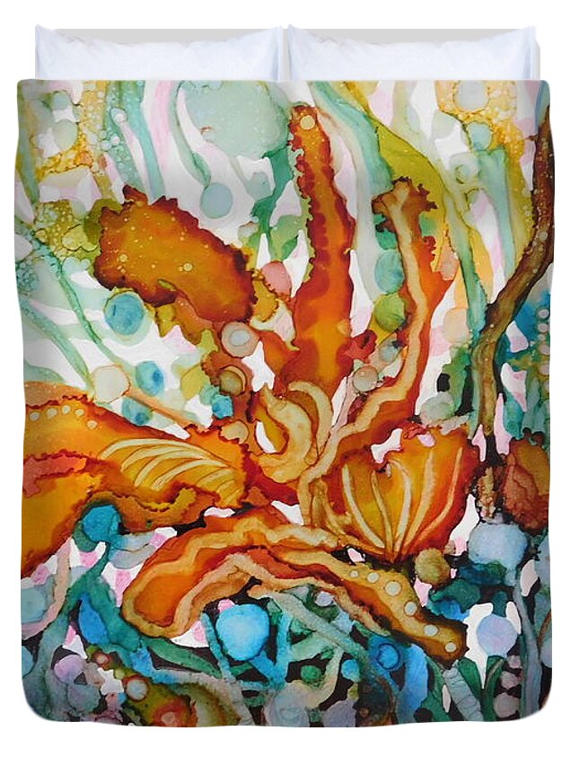 Red Duvet Cover featuring the painting Paradise Found by Joan Clear