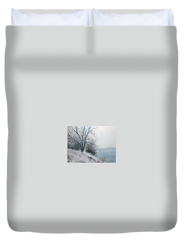 Art Duvet Cover featuring the painting Paradise Point Bridge Winter by Jim Gola