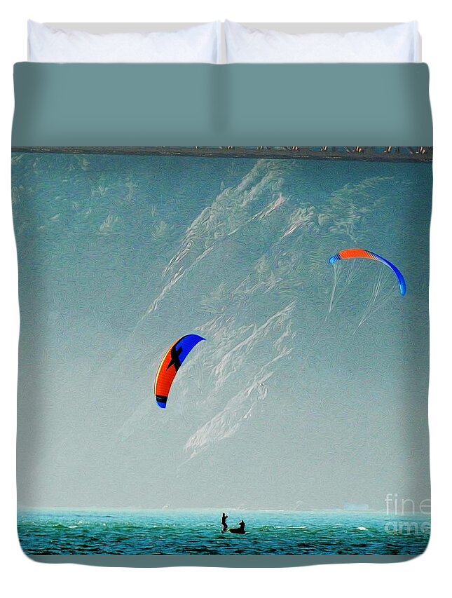 Parasail-parachuting Duvet Cover featuring the photograph Parasailing on the Bay by Scott Cameron