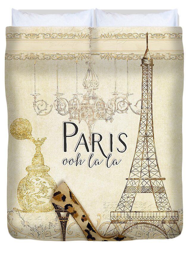 Fashion Duvet Cover featuring the painting Paris - Ooh la la Fashion Eiffel Tower Chandelier Perfume Bottle by Audrey Jeanne Roberts