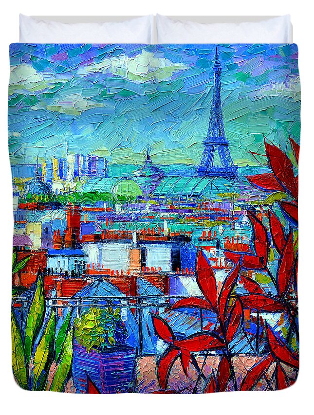Paris Rooftops Duvet Cover featuring the painting Paris Rooftops - View From Printemps Terrace  by Mona Edulesco