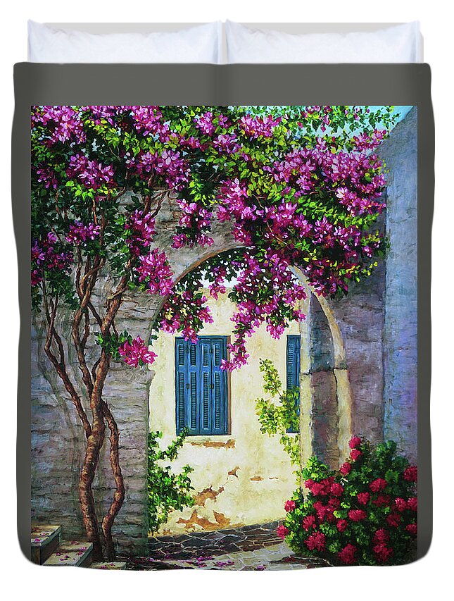Paros Duvet Cover featuring the painting Garden Path in Paros, Greece by Marie Witte