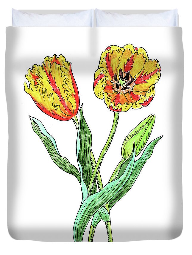 Parrot Tulips Duvet Cover featuring the painting Parrot Tulips Botanical Watercolor by Irina Sztukowski