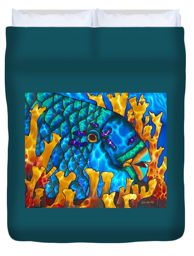 Diving Duvet Cover featuring the painting Parrotfish and Fire coral by Daniel Jean-Baptiste