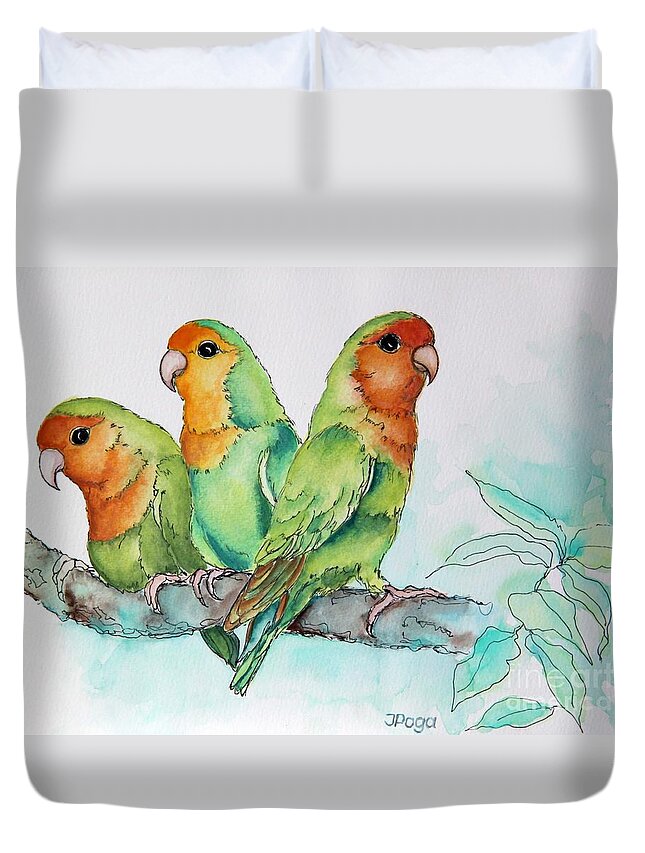 Bird Duvet Cover featuring the painting Parrots Trio by Inese Poga