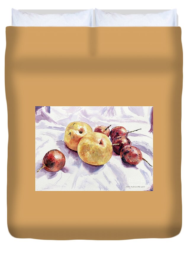 Korean Pear Duvet Cover featuring the painting Passion Fruits and Pears by Joey Agbayani
