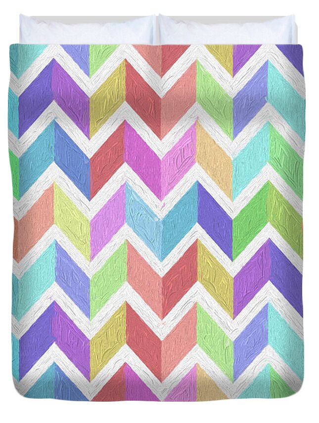 Abstract Duvet Cover featuring the painting Pastel Chevron Oil Painting Impasto Texture by Elaine Plesser