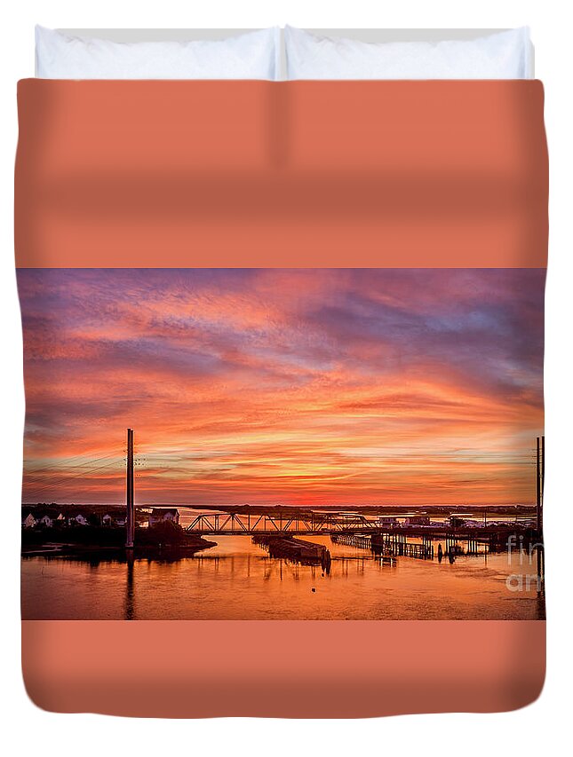 Sunrise Duvet Cover featuring the photograph Pastel Swing Bridge by DJA Images
