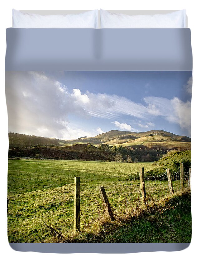 Scottish Duvet Cover featuring the photograph Pasture among hills. by Elena Perelman