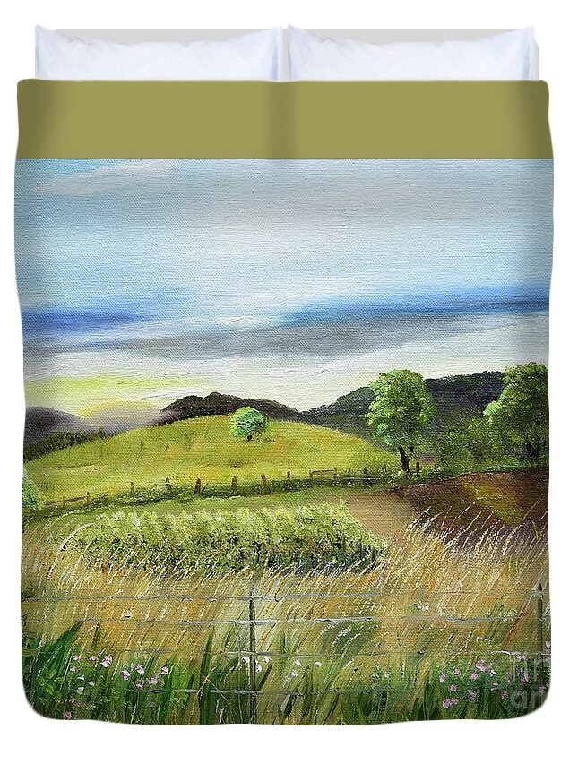Chateau Meichtry Vineyard Duvet Cover featuring the painting Pasture Love at Chateau Meichtry - Ellijay GA by Jan Dappen